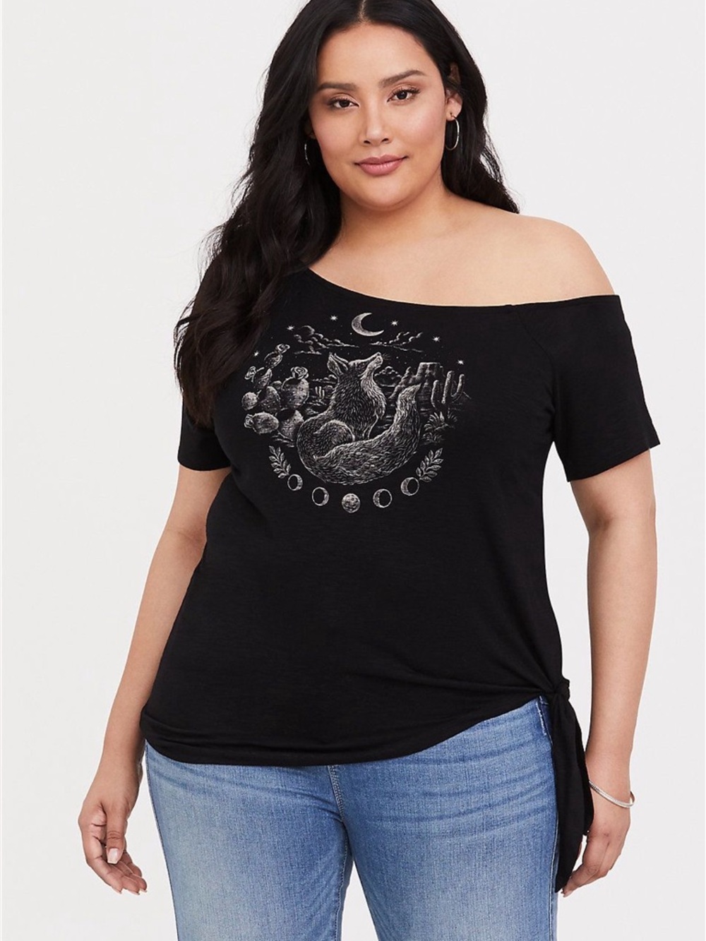 Torrid Super Soft Black Fox Moon Cactus Off Shoulder Side Tie Tee 00